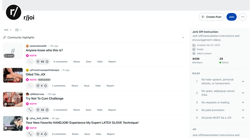 JOI content on Reddit